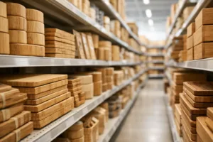 A retail shelf showcases an array of products in customized bamboo and wood packaging, demonstrating how sustainable materials create standout shelf appeal in store environments.