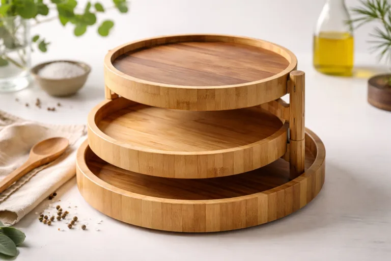 A clean, bright display of private label, bamboo wooden products including trays and organizers, with a focus on precision joinery and eco-friendly aesthetics. This scene emphasizes the blend of traditional craftsmanship and modern quality control.