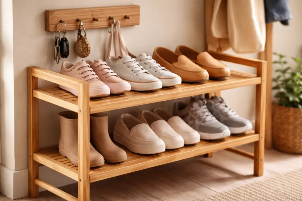 entryway bamboo shoe rack wooden key hooks detail entryway bamboo shoe rack wooden key hooks detail