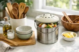 A selection of used bamboo kitchen tools prepared for composting, illustrating eco-friendly kitchen habits.