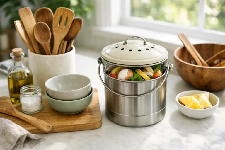 A selection of used bamboo kitchen tools prepared for composting, illustrating eco-friendly kitchen habits.