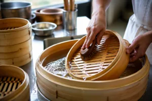 A close-up photo of a bamboo steamer being cleaned and soaked in a modern kitchen before first use, emphasizing proper preparation and care for bamboo cookware.