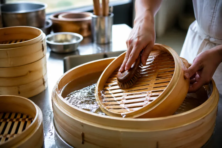 A close-up photo of a bamboo steamer being cleaned and soaked in a modern kitchen before first use, emphasizing proper preparation and care for bamboo cookware.
