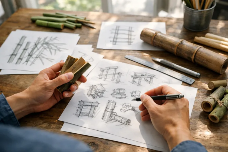 A professional workspace captures the initial prototyping phase, with designers preparing sketches and concept samples of bamboo products.