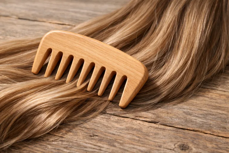 A close-up photo of a natural wood, wide-tooth comb gliding through lustrous hair, highlighting the smooth finish and eco-friendly material ideal for scalp stimulation.
