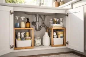A fresh, bright kitchen scene highlighting bamboo shelves installed under a sink, effectively organizing sprays and containers around plumbing.