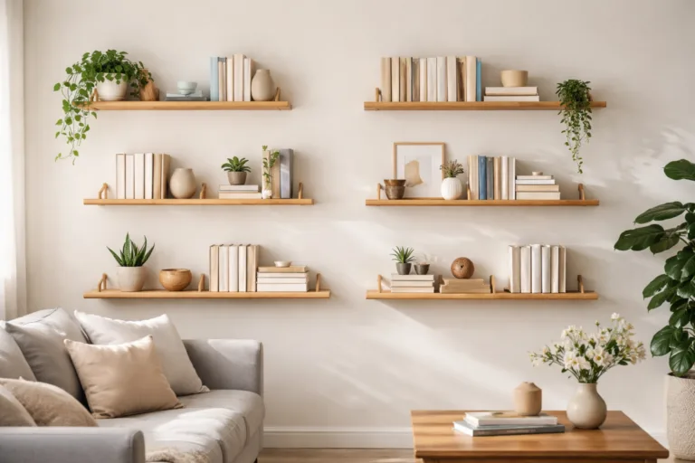 Floating bamboo shelves mounted on a living room wall, neatly organizing decor and books for an open, well-organized appearance.