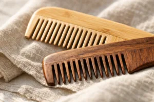 A detailed look at wooden and bamboo combs, showcasing craftsmanship and natural materials ideal for all hair types.