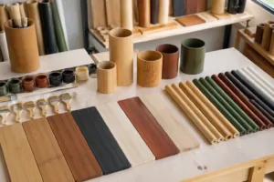This image shows a clean, organized workshop where bamboo and wood items are undergoing preparation and color treatment, illustrating the variety of finishing options available for these natural materials.