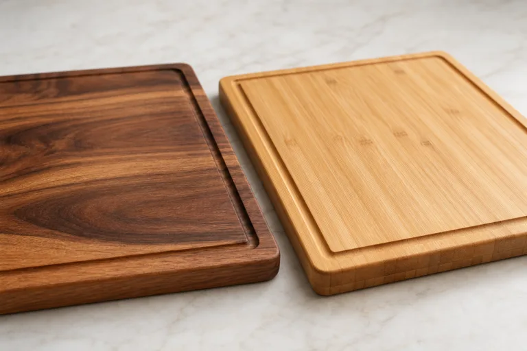 Side-by-side acacia and bamboo cutting boards highlighting grain, finish, and retail positioning differences.