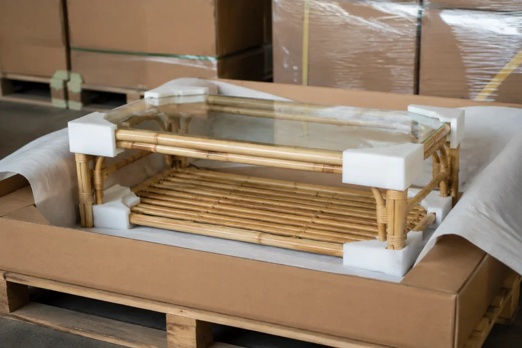 bamboo coffee table glass top export packaging