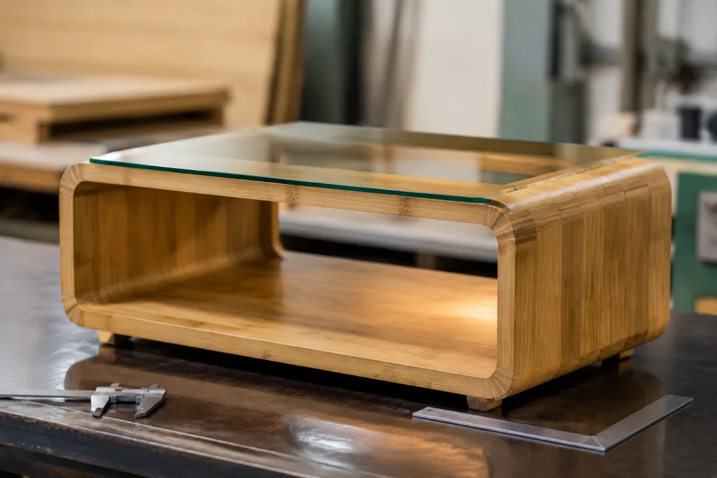 bamboo coffee table glass top prototype inspection