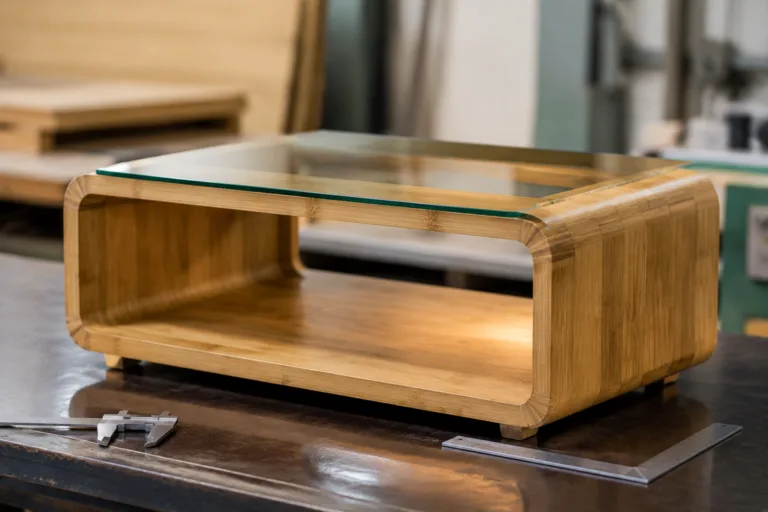 A realistic manufacturing scene showing a bamboo coffee table with glass top being checked before production approval.