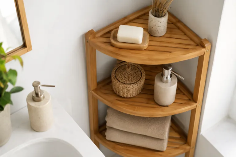A triangle-format bamboo corner shelf fitted in a minimalist bathroom, displaying its suitability for reclaiming unused corner space.