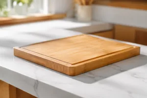 A beautifully crafted bamboo cutting board sits on a contemporary kitchen countertop, highlighting the clean lines and eco-friendly grain of bamboo wood in modern custom kitchenware.