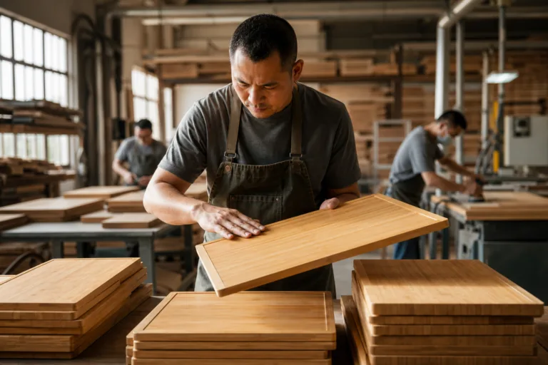 A warm, realistic workshop scene showing quality inspection, sanding, and flatness checks on bamboo boards.
