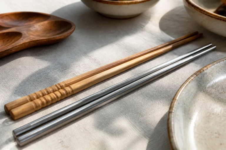 An inviting dining table displays both bamboo and metal chopsticks for a direct material comparison, hinting at their tactile and aesthetic differences.
