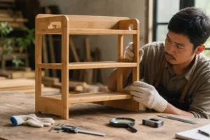 A manufacturer-style inspection scene showing a bamboo shelf prototype being checked before production approval.