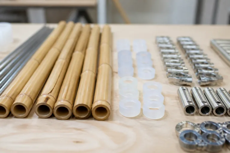 A crisp photo of bamboo components, silicone gaskets, and metal connectors on a clean workbench, representing the preparation for integrating hybrid parts.