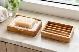 Side-by-side visual of drain tray and simple base bamboo soap dish structures for product comparison.