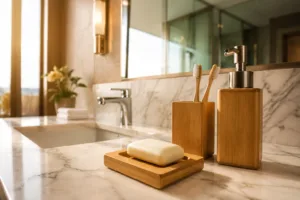A modern hotel guest bathroom showcasing a bamboo soap dish and matching bamboo accessories, emphasizing style cohesion for hotels.