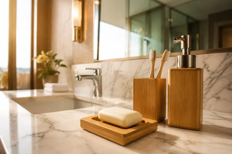 A modern hotel guest bathroom showcasing a bamboo soap dish and matching bamboo accessories, emphasizing style cohesion for hotels.