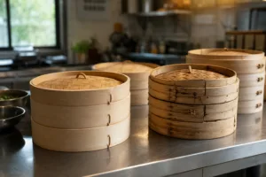 A practical visual comparing sound and damaged bamboo steamers to show why quality matters.