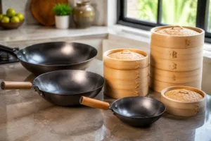Multiple bamboo steamers grouped by size near household and commercial woks, clearly showing fit and material. Ideal for illustrating selection process.