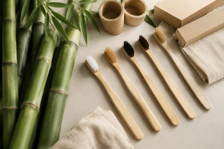 A clean sourcing-focused image showing bamboo toothbrush components and packaging choices for private label comparison.