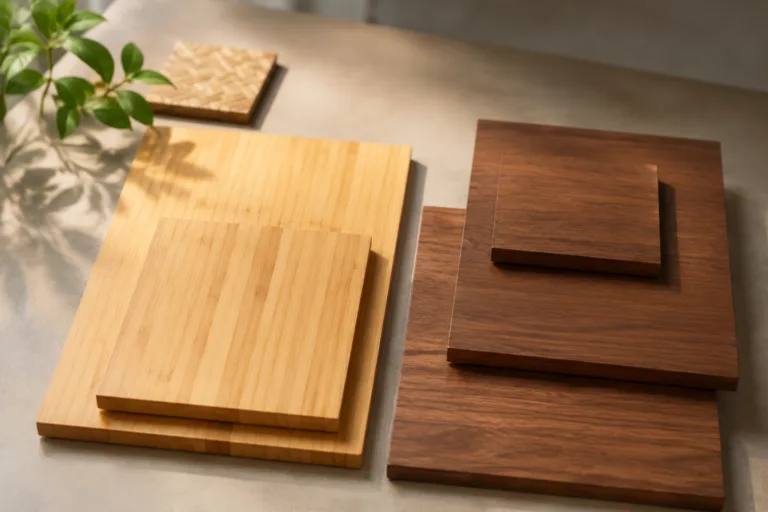 A clean studio image comparing bamboo and hardwood surfaces for product development and sourcing decisions.