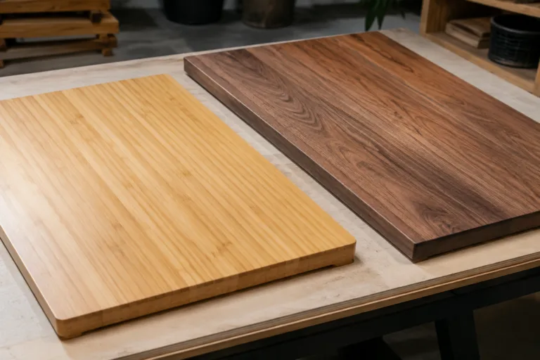 A professional comparison image showing bamboo and wood desk top surfaces side by side for sourcing evaluation.