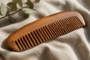 A photo-realistic closeup of a wooden comb, prepared for oiling, highlighting wood grain and sanded finish under soft daylight.