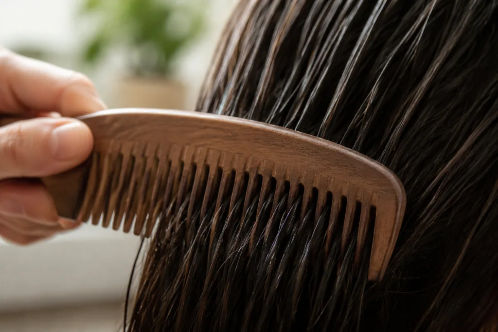 detangling wet hair wood comb