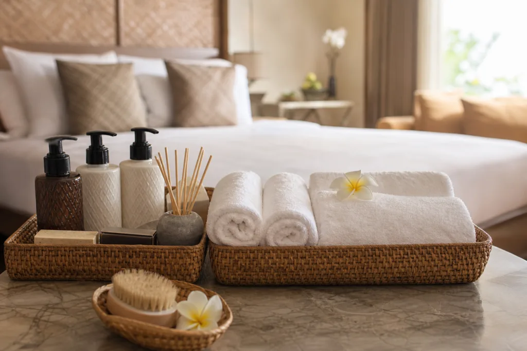 hospitality amenity basket setup