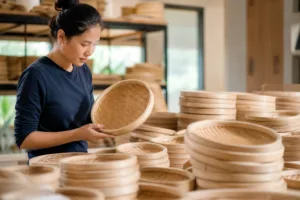 Natural bamboo baskets are checked for consistency, finish, and structure before hospitality shipment.