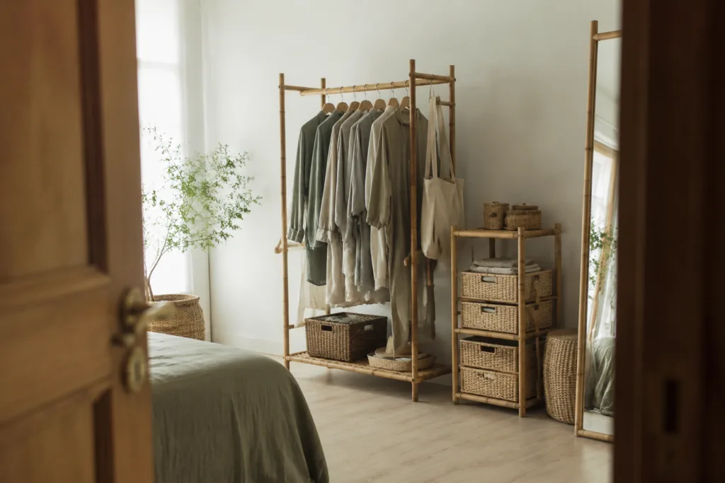 minimalist bamboo clothing storage
