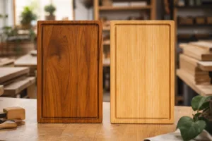 A warm, realistic comparison image showing teak and bamboo boards in a professional manufacturing environment.