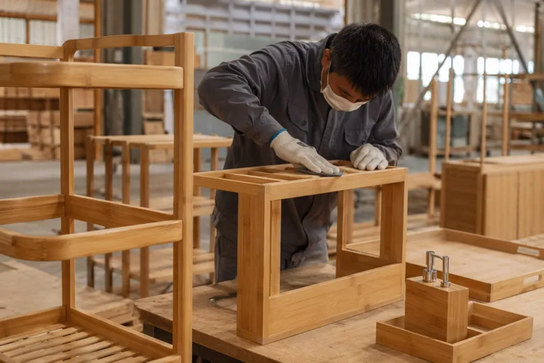 A warm, realistic workshop scene showing bamboo shelf production, sanding, and assembly for room-specific storage use.