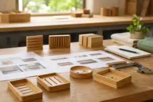 A natural, premium workspace showing product planning for bamboo soap dish content and variant organization.