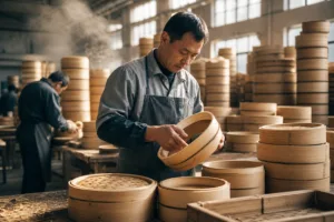 A realistic bamboo steamer production scene showing inspection and assembly in a warm, clean workshop.