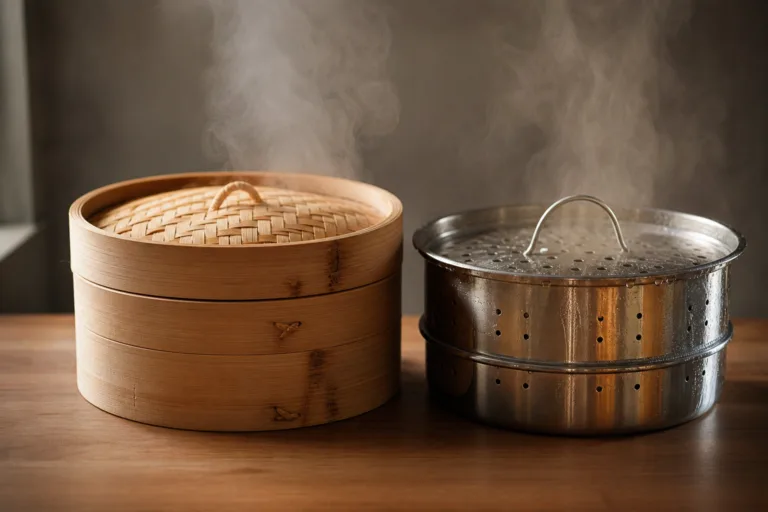 A realistic side-by-side comparison of bamboo and metal steaming tools highlighting material contrast and cooking context.