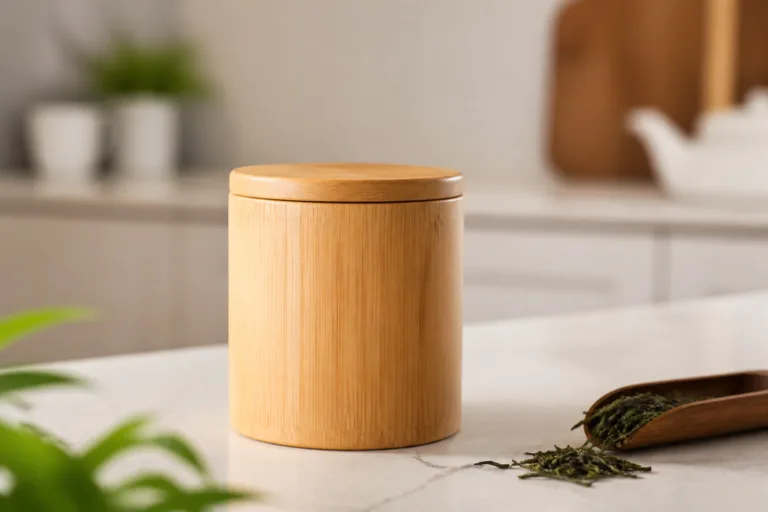 A premium bamboo tea canister styled for daily countertop use with natural light and a clean kitchen setting.