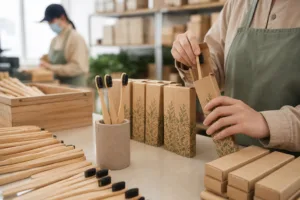 A realistic manufacturing scene showing bamboo toothbrush gift set assembly and packaging preparation for retail buyers.