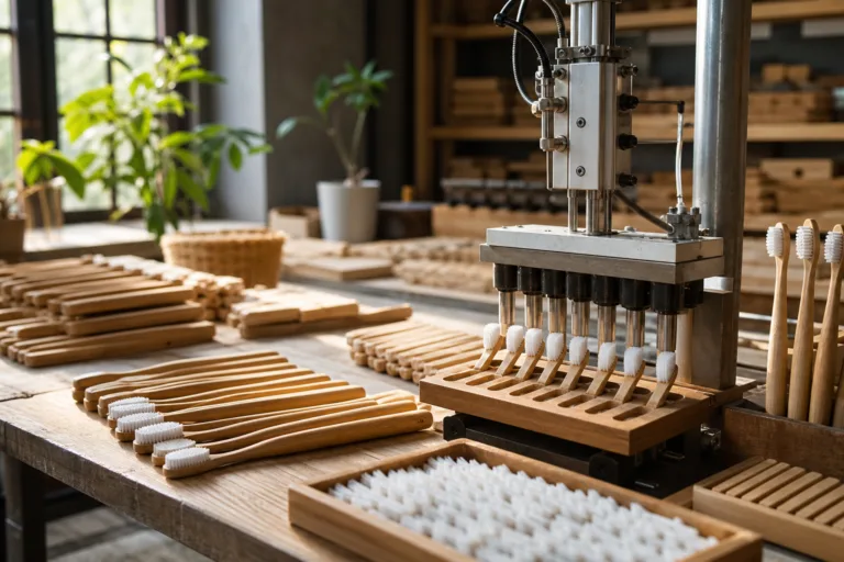 A manufacturer-led workshop scene showing bamboo toothbrush production and quality control for content planning context.