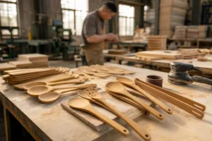 A realistic workshop scene showing bamboo spatulas, spoons, and tongs during production and finishing.