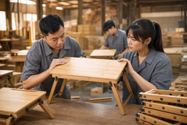 A realistic factory scene showing dimension checks and finish inspection for custom bamboo laptop tables.