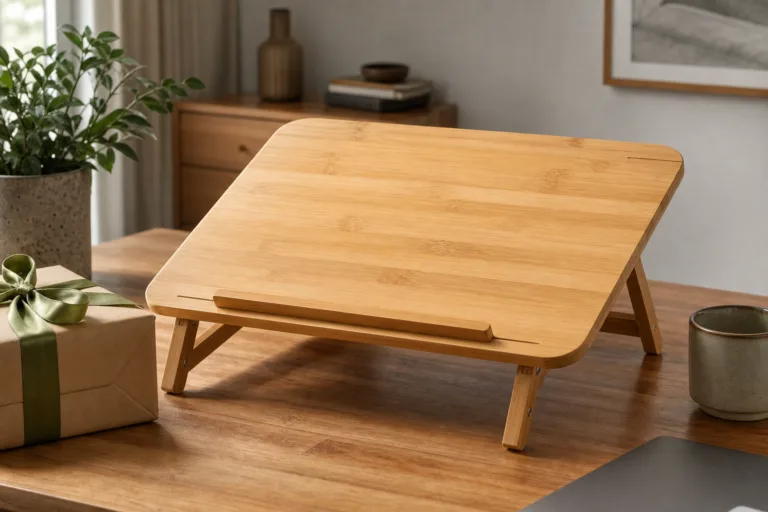 A retail-ready bamboo laptop table styled as a giftable home office accessory with natural grain and clean presentation.