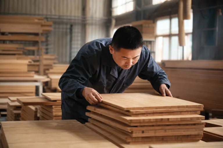 A manufacturer inspects bamboo cutting board flatness and finish to reduce humidity-related defects.