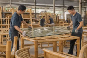 A bamboo dining table with glass top being assembled and inspected in a warm, professional manufacturing environment.