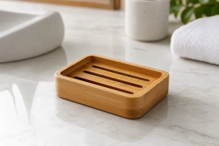 A premium bamboo soap dish shown as a bathroom accessory with clean drainage and natural finish.